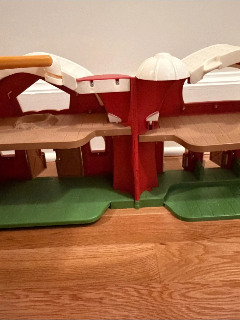 Kids Red Barn Playset with White Roof and Green Base